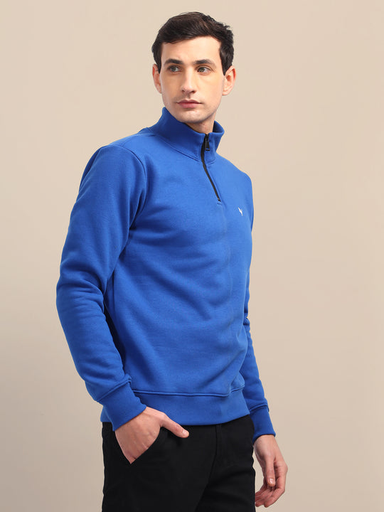 Amswan Men'S Blue Solid Half-Zip Sweatshirt