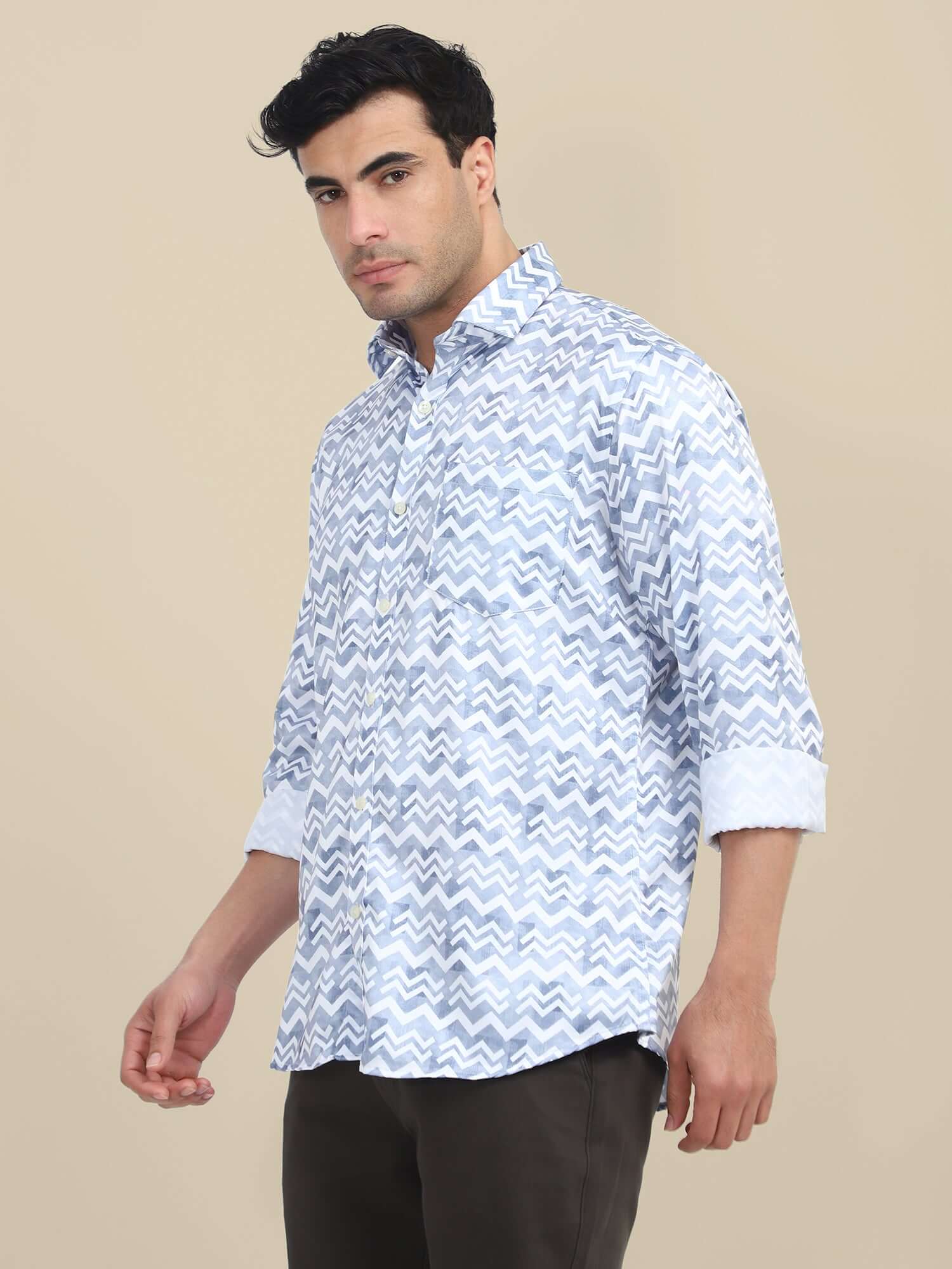 Men'S Poly Satin Lycra Grey Digital Printed Shirt
