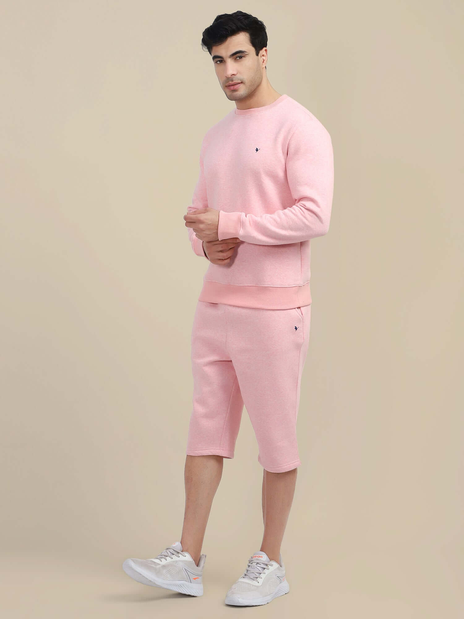 Men'S Pink Sweatshirt With Shorts Cord Set