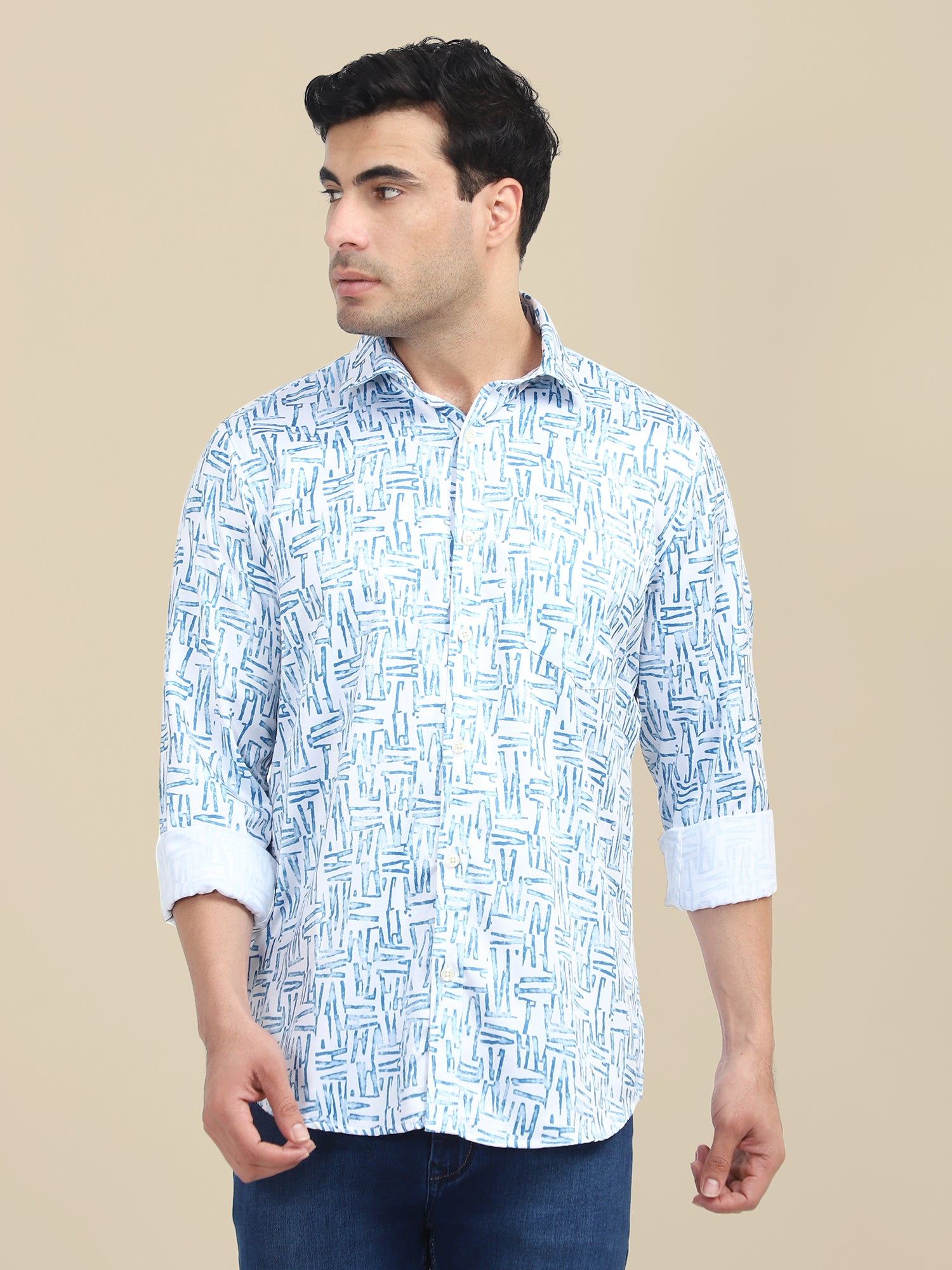 Men'S Poly Satin Lycra Blue Digital Printed Shirt