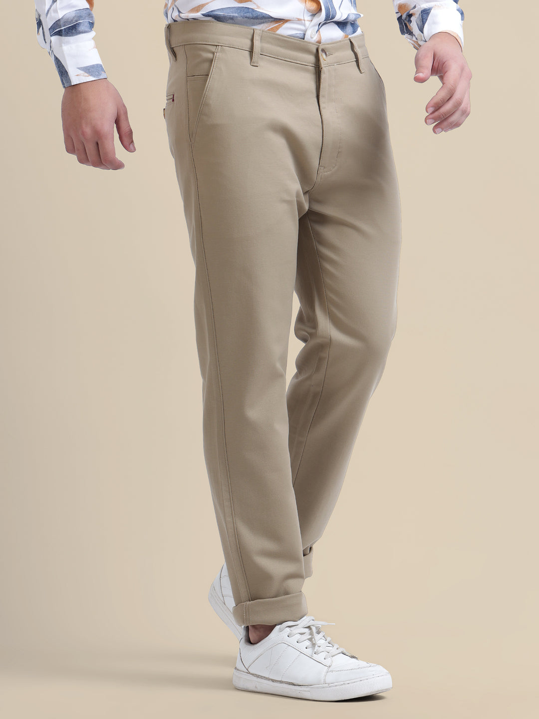 Khaki Casual Trousers Solid Cotton Lycra Smart Fit