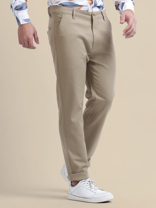 Khaki Casual Trousers Solid Cotton Lycra Smart Fit
