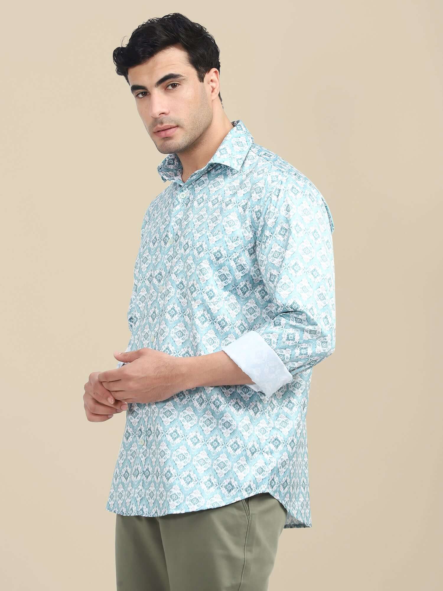 Men'S Poly Satin Lycra Blue Digital Printed Shirt