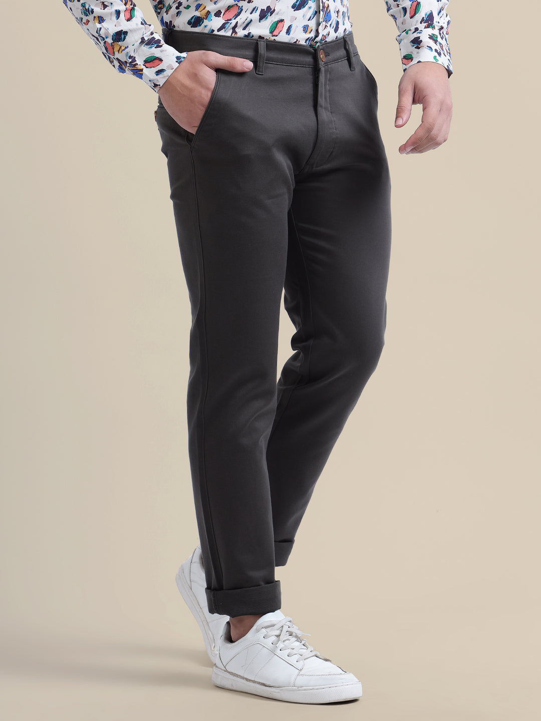 Black Casual Trousers Solid Cotton Lycra Smart Fit