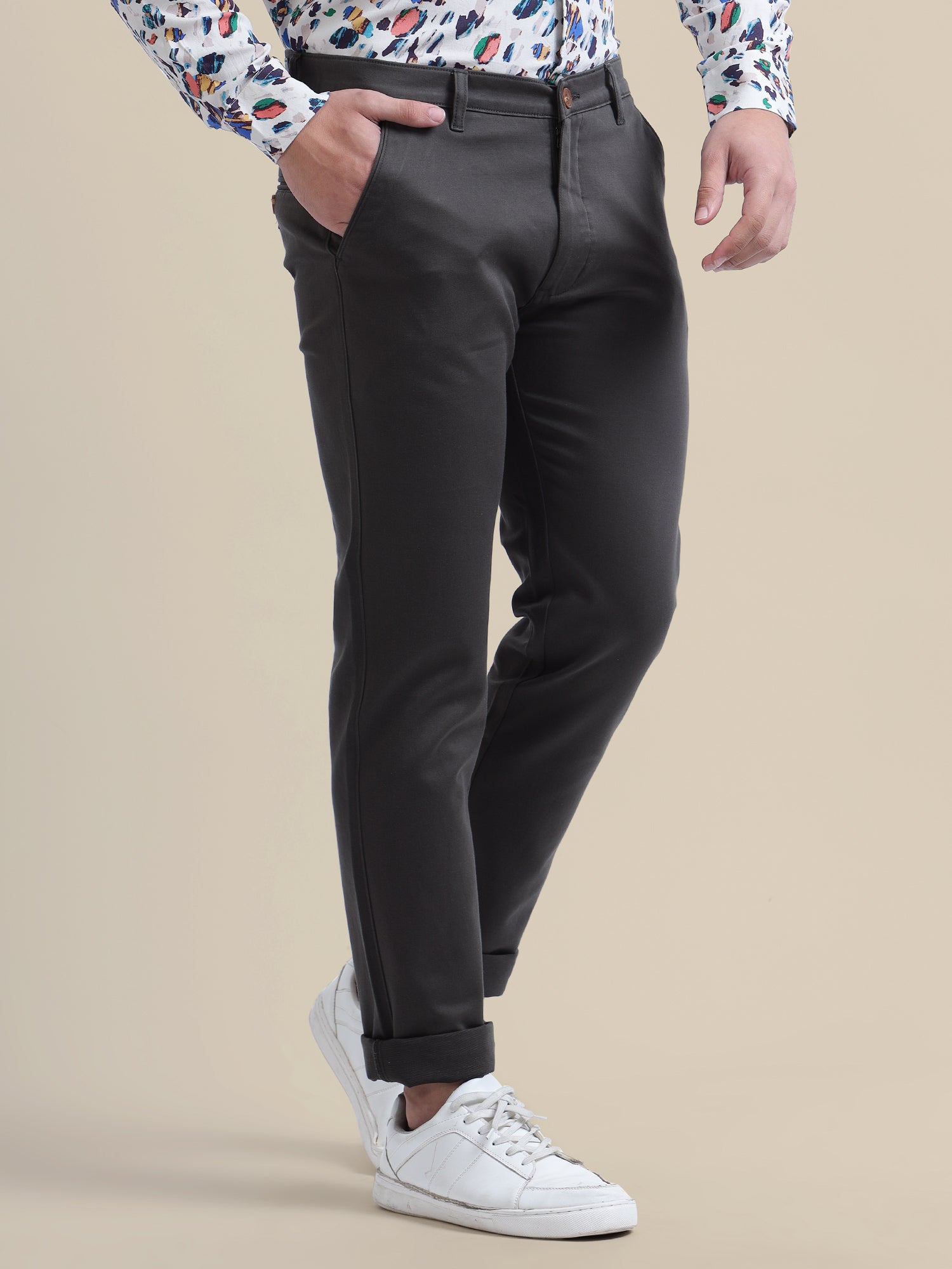 Black Casual Trousers Solid Cotton Lycra Smart Fit