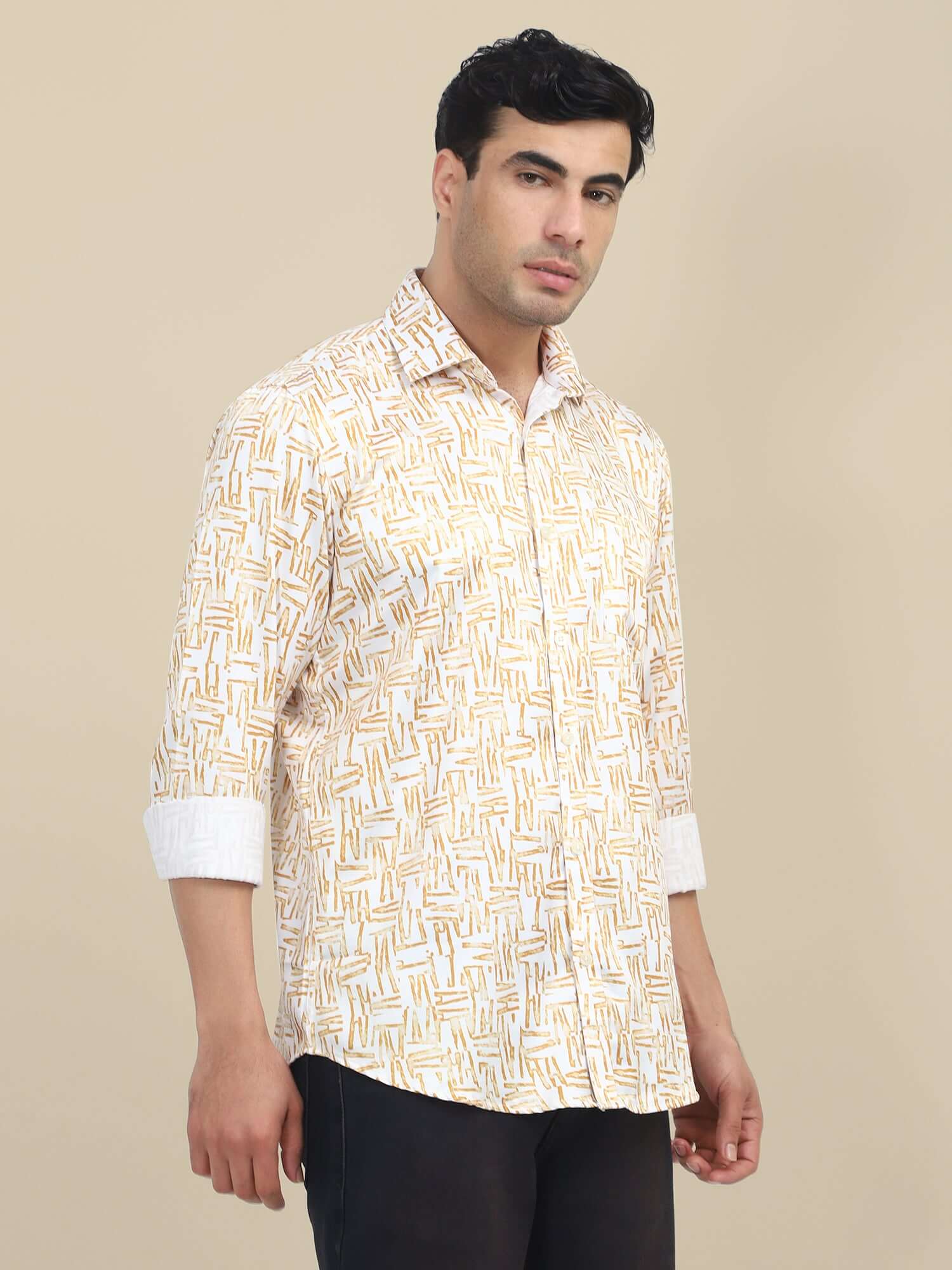 Men'S Poly Satin Lycra Mustard Digital Printed Shirt