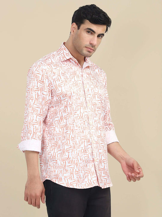 Men'S Poly Satin Lycra Orange Digital Printed Shirt