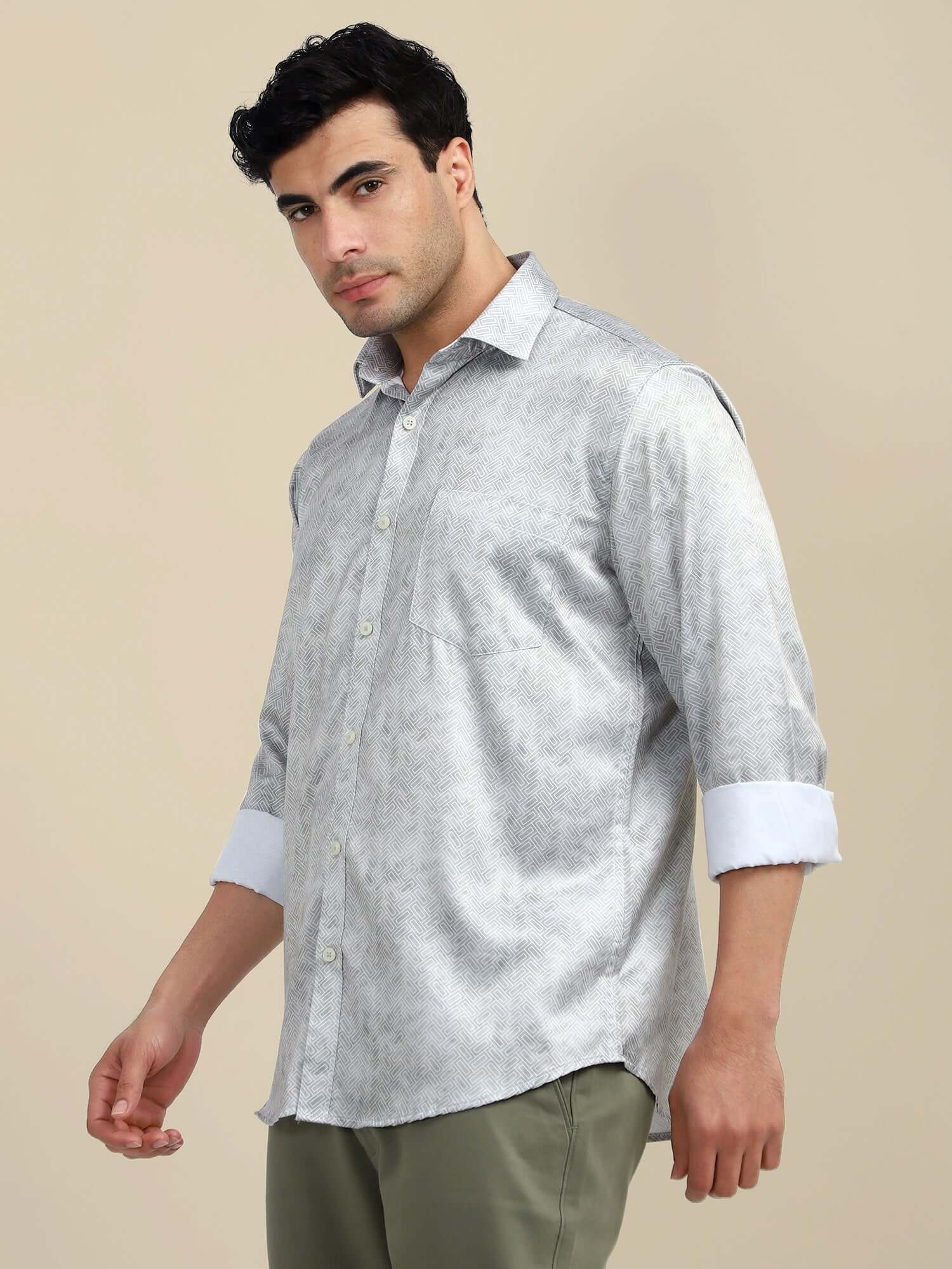 Men'S Poly Satin Lycra Grey Digital Printed Shirt