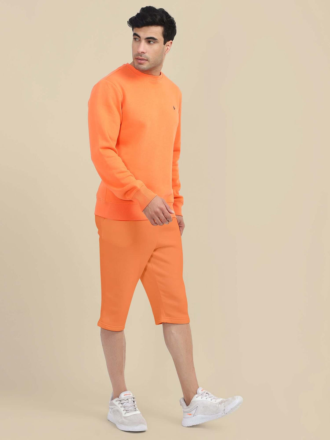 Men'S Orange Sweatshirt With Shorts Cord Set