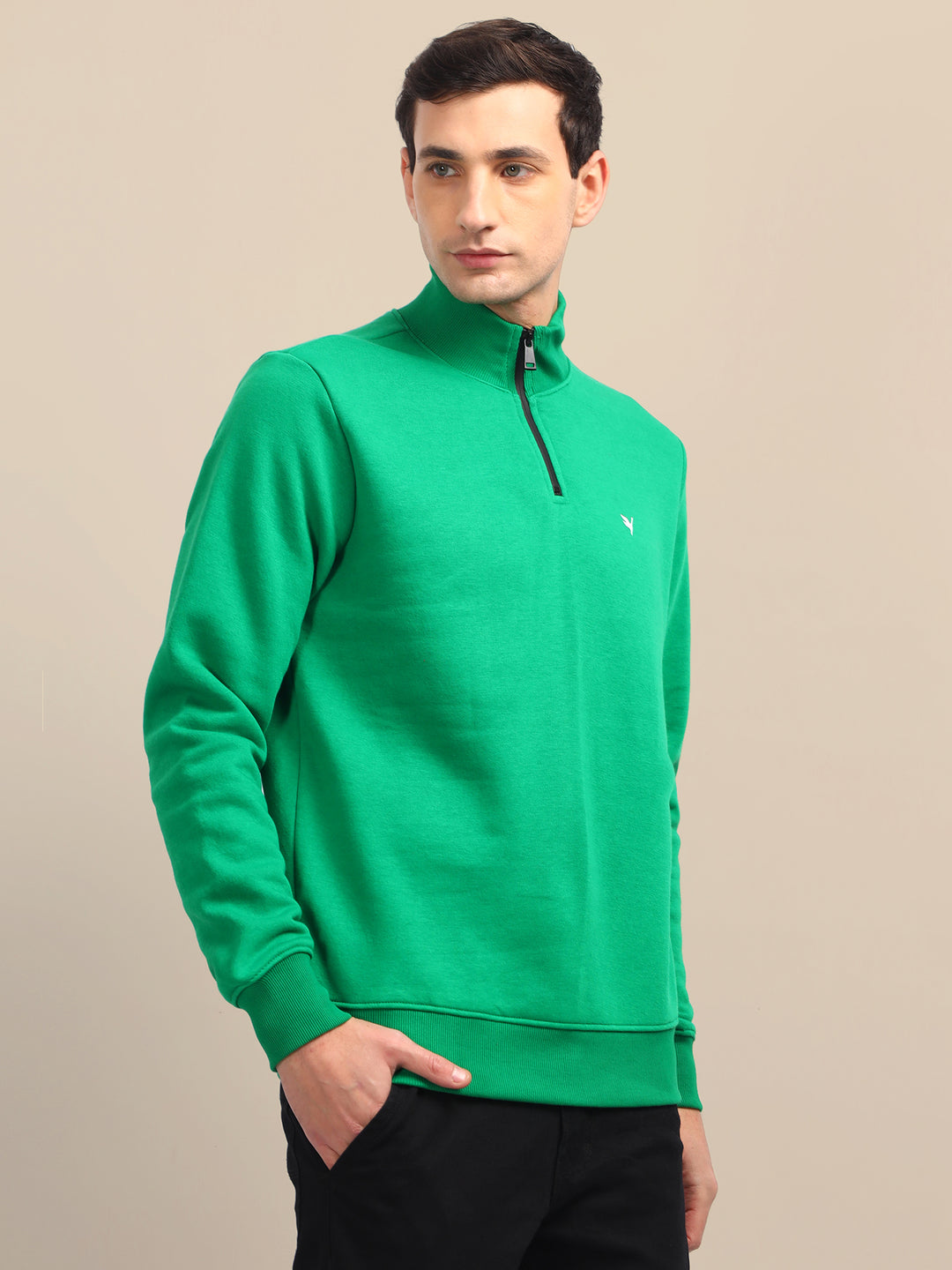 Amswan Men'S Green Solid Half-Zip Sweatshirt