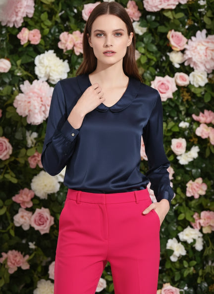 Summer Satin Navy Peter Pan Collar Top