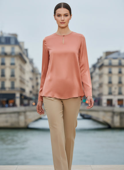 Summer Satin Coral Mandarin Collar Button Tunic
