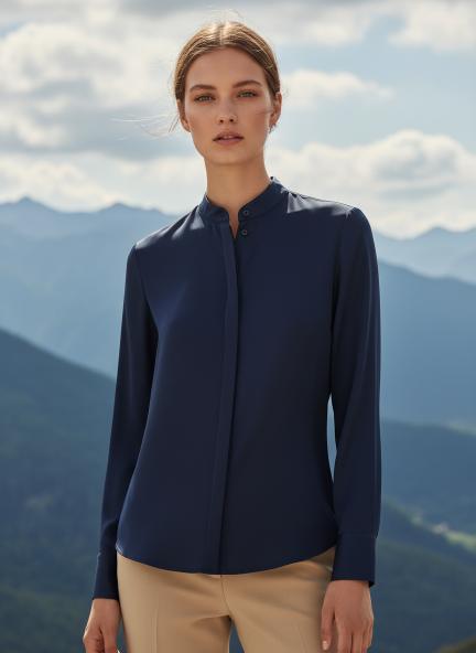 Summer Satin Navy Mandarin Collar Shirt