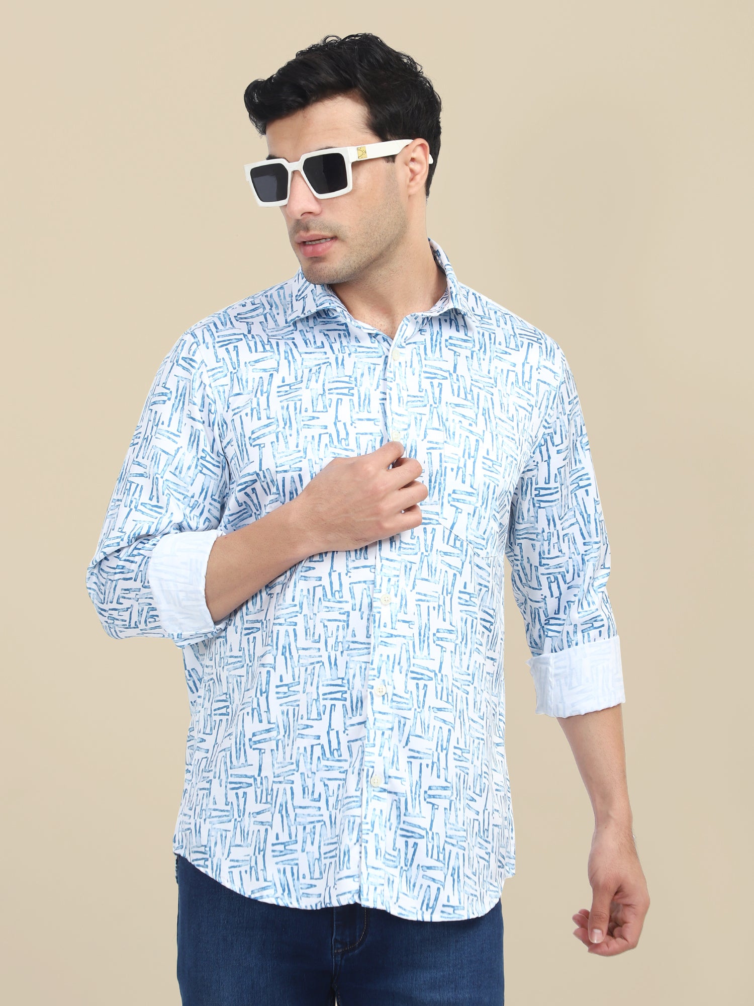 Men'S Poly Satin Lycra Blue Digital Printed Shirt