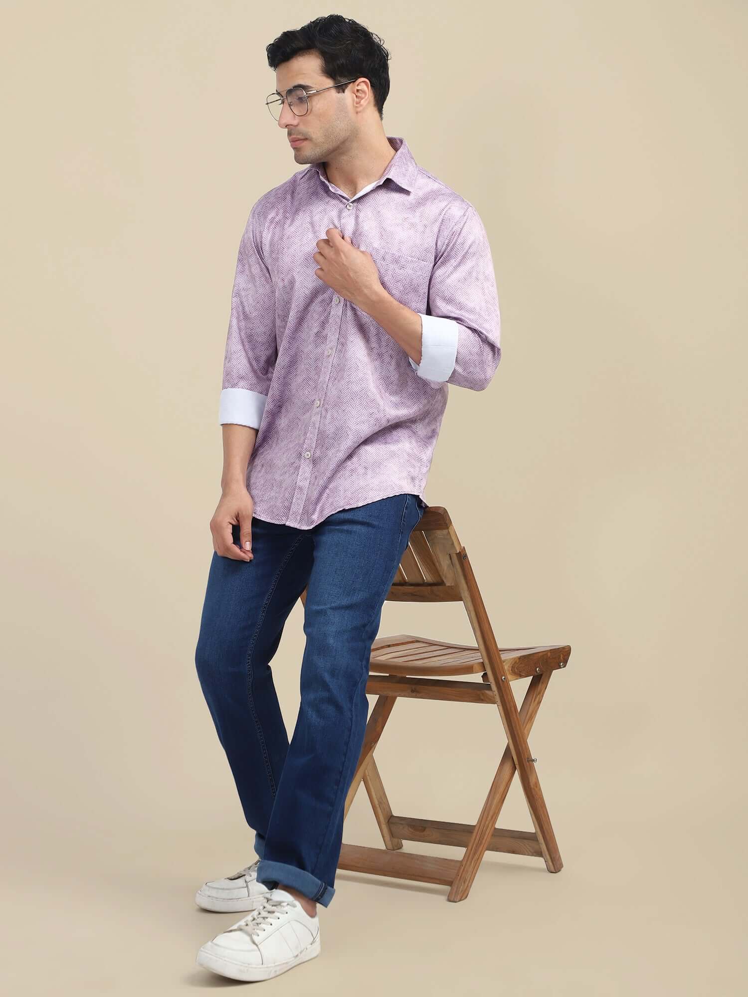 Men'S Poly Satin Lycra Purple Digital Printed Shirt