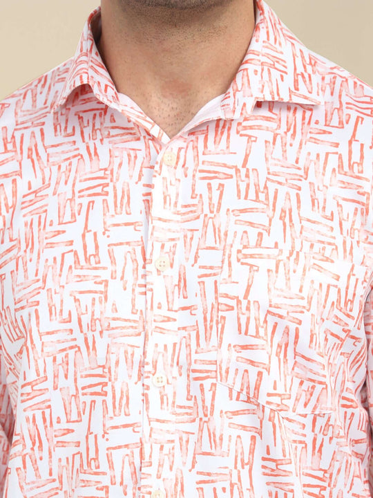 Men'S Poly Satin Lycra Orange Digital Printed Shirt