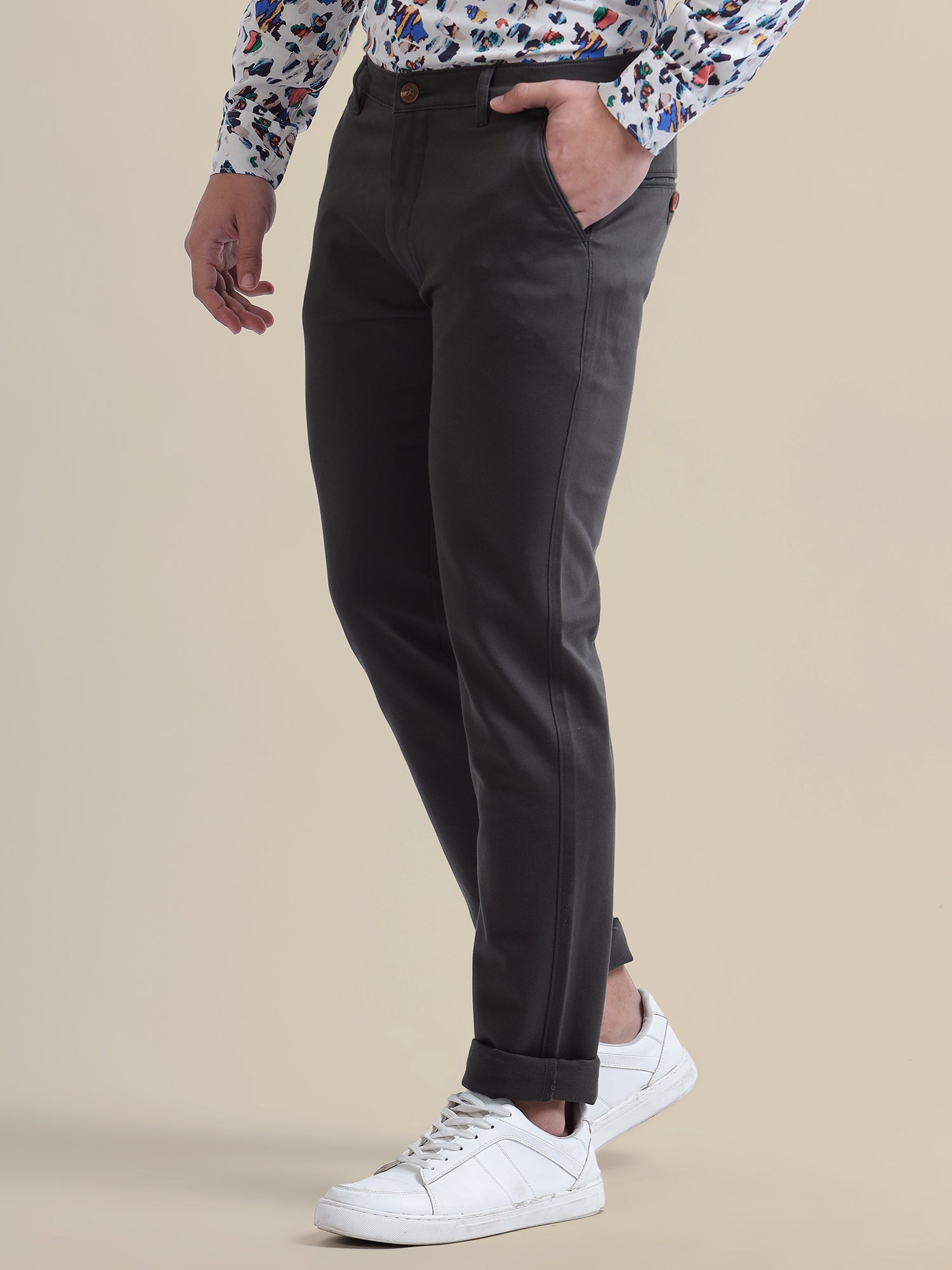 Black Casual Trousers Solid Cotton Lycra Smart Fit