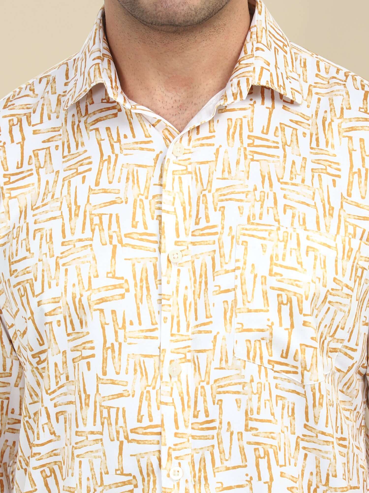 Men'S Poly Satin Lycra Mustard Digital Printed Shirt