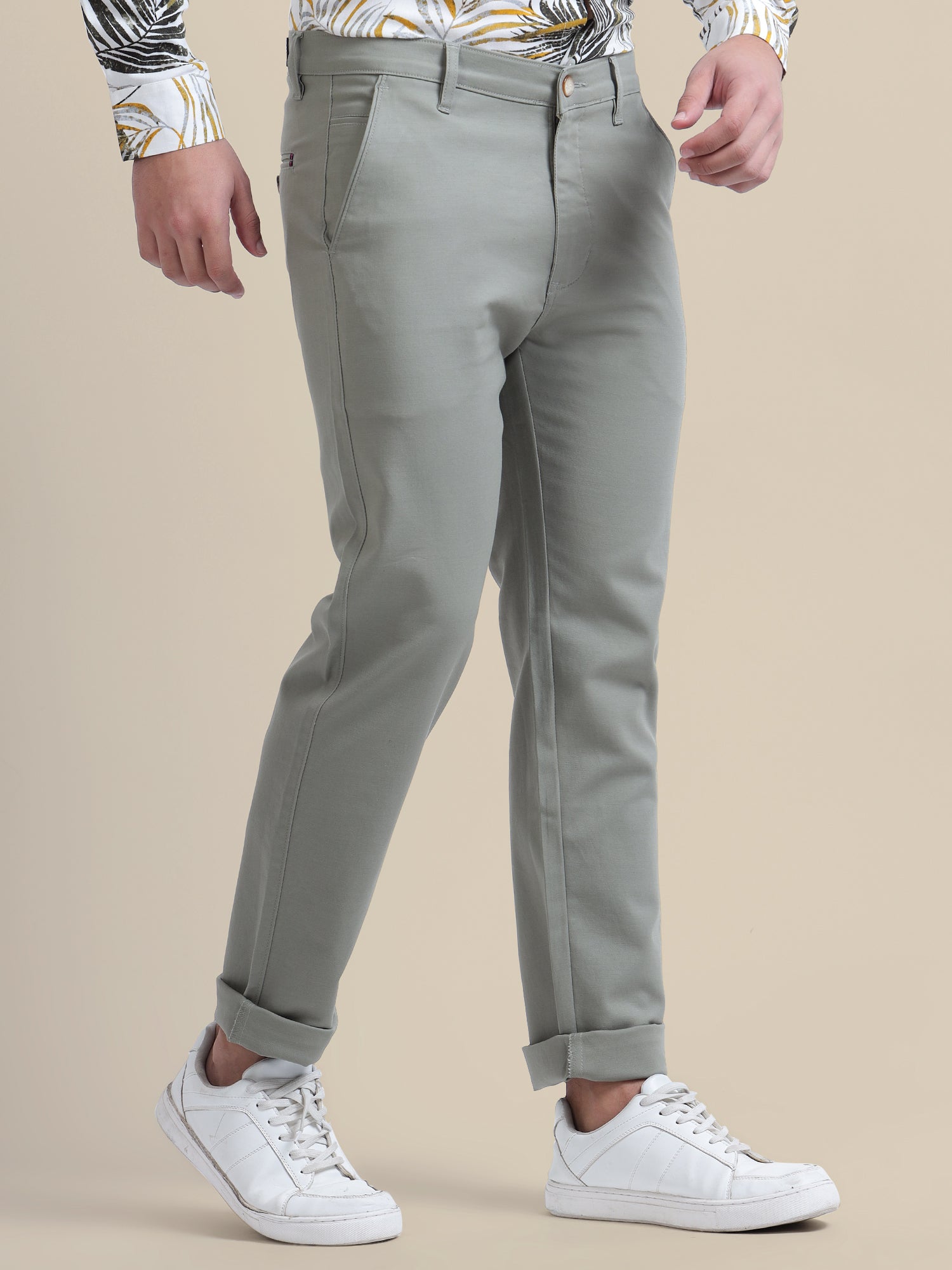 Grey Casual Trousers Solid Cotton Lycra Smart Fit