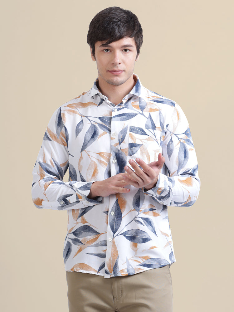 Men'S Premium Rayon Shirt With Blue And Orange Leaf Print