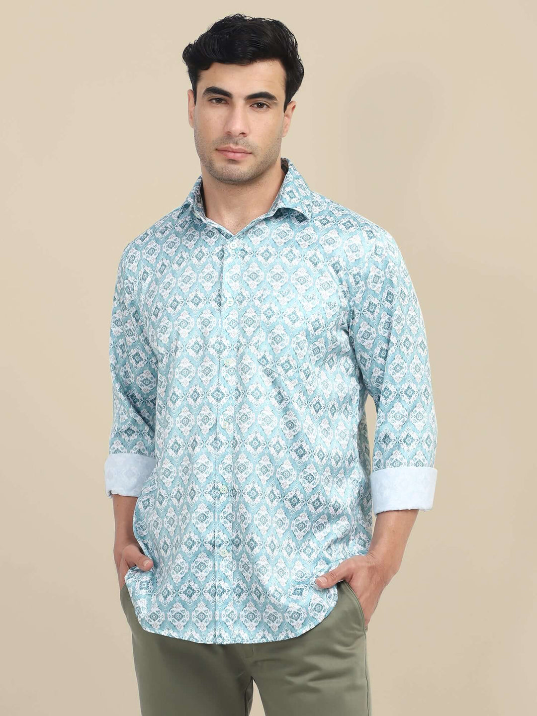 Men'S Poly Satin Lycra Blue Digital Printed Shirt