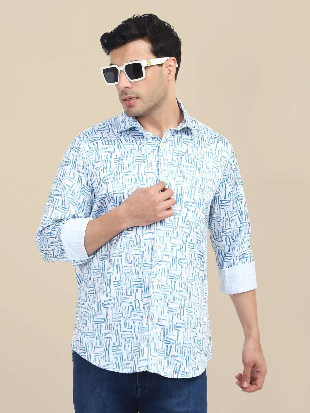Men'S Premium Poly Satin Lycra Blue Digital Printed Shirt