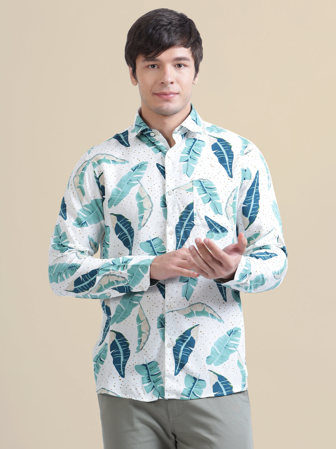 Men'S Premium Rayon Shirt With Classic White & Green Tropical Print