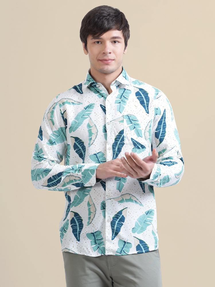 Men'S Premium Rayon Shirt With Classic White & Green Tropical Print