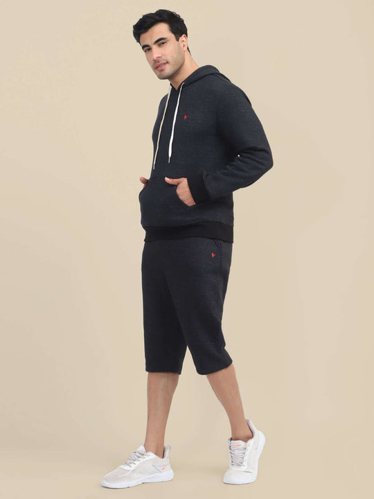 Men'S Black Hoodie With Shorts Cord Set