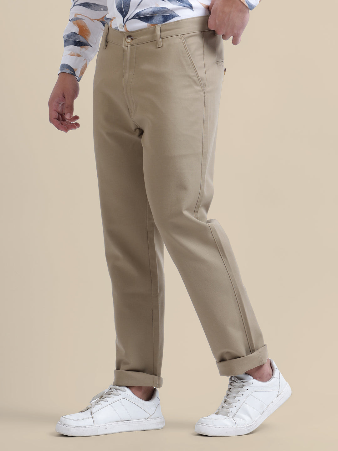 Khaki Casual Trousers Solid Cotton Lycra Smart Fit
