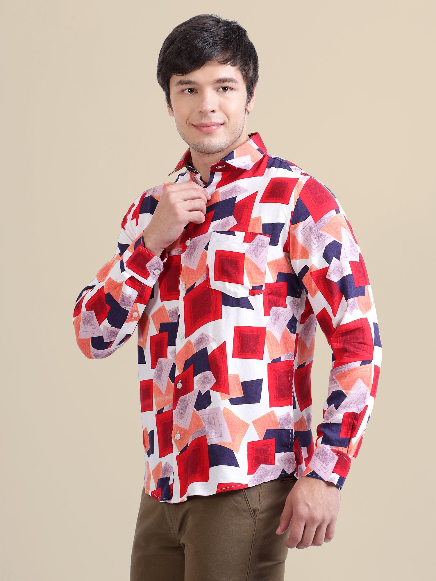 Men'S Premium Rayon Shirt With Red And Blue Print