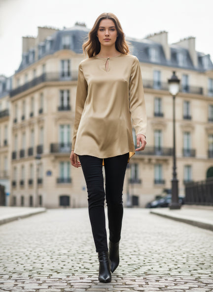 Summer Satin Gold Mandarin Collar Button Tunic
