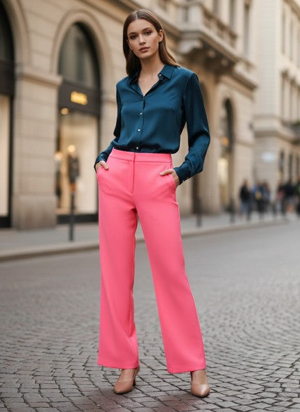 Banana Crepe Hot Pink Flared Trouser With Slash Pocket