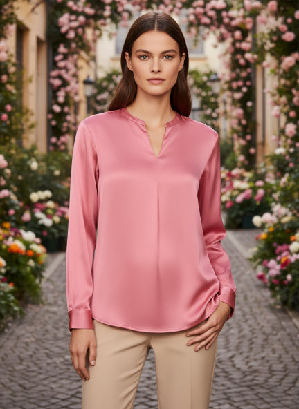 Summer Satin Rose Pink Front Pleated Tunic