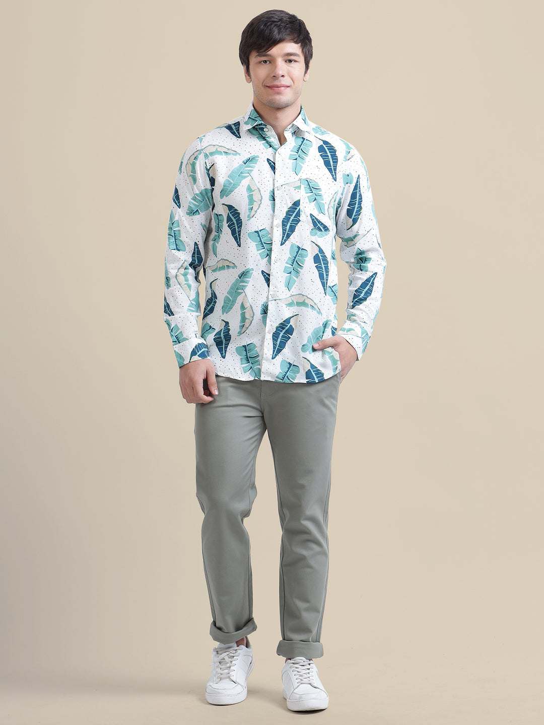 Men'S Premium Rayon Shirt With Classic White & Green Tropical Print