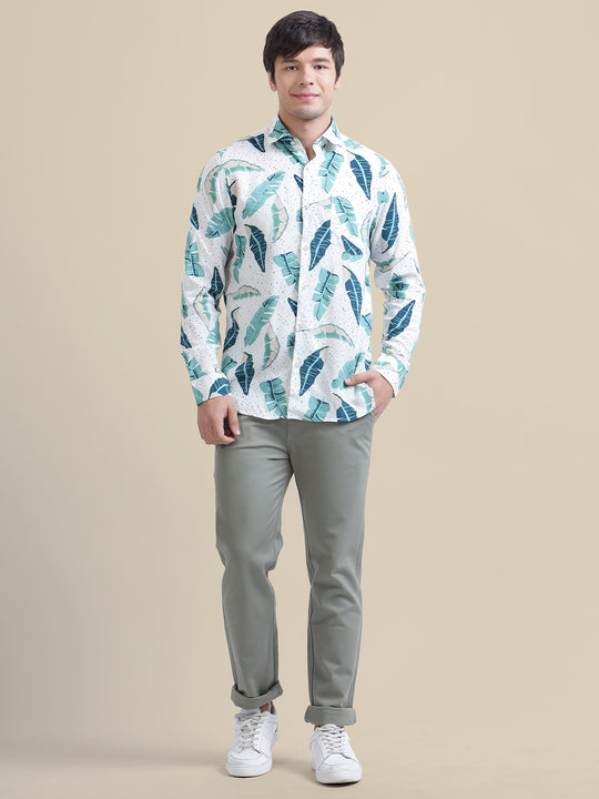 Men'S Premium Rayon Shirt With Classic White & Green Tropical Print