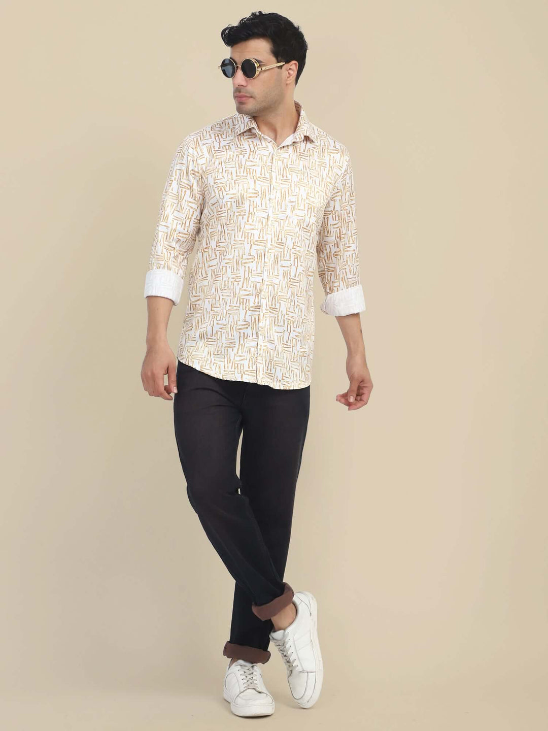 Men'S Poly Satin Lycra Mustard Digital Printed Shirt