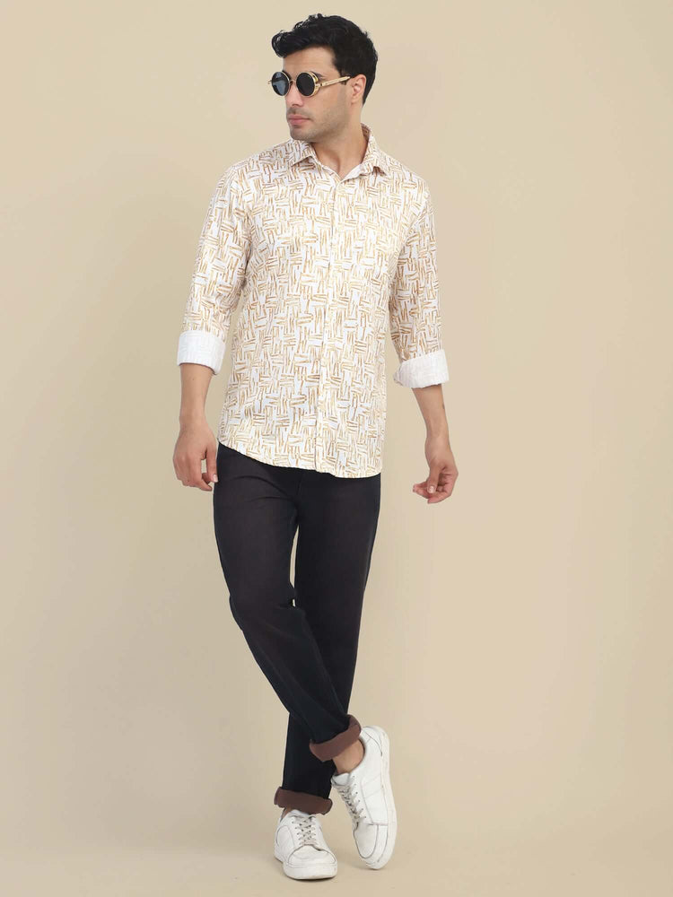 Men'S Poly Satin Lycra Mustard Digital Printed Shirt