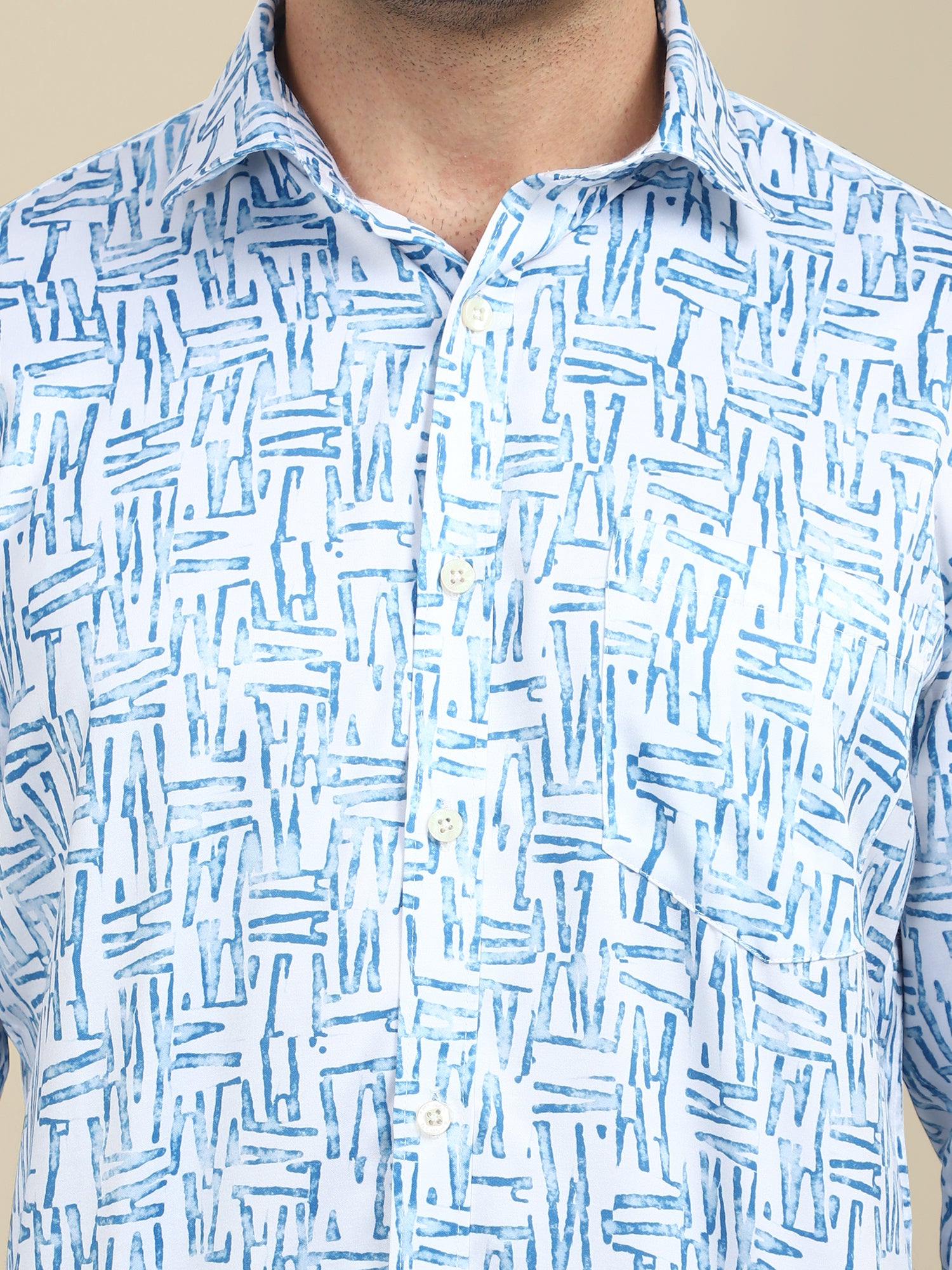 Men'S Poly Satin Lycra Blue Digital Printed Shirt