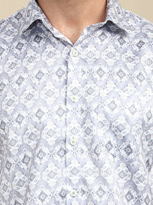 Men'S Poly Satin Lycra Grey Digital Printed Shirt