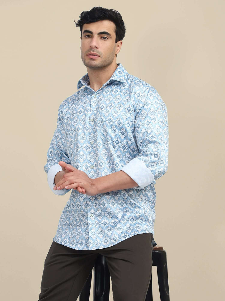 Men'S Poly Satin Lycra Mint Green Digital Printed Shirt