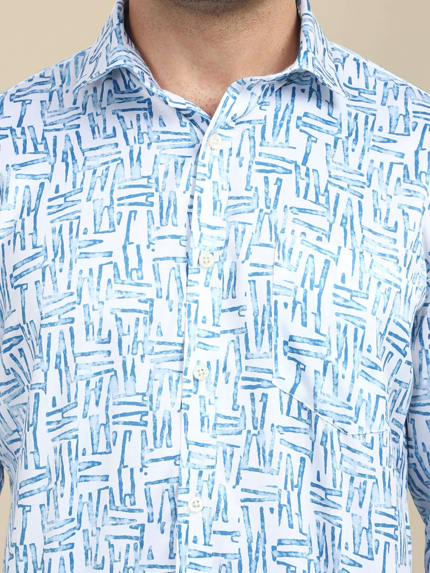 Men'S Premium Poly Satin Lycra Blue Digital Printed Shirt