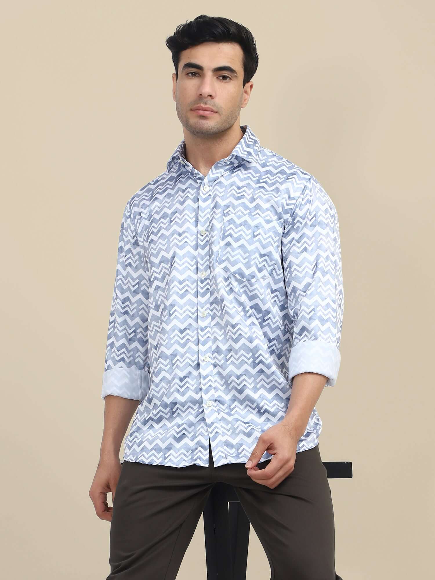 Men'S Poly Satin Lycra Grey Digital Printed Shirt