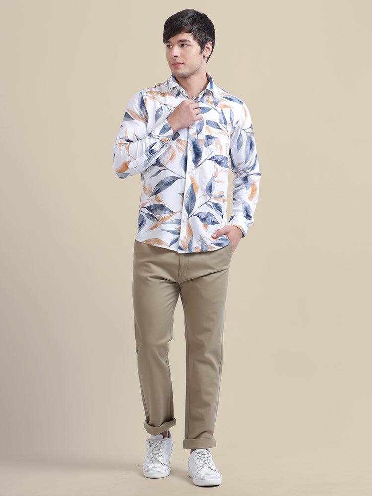 Men'S Premium Rayon Shirt With Blue And Orange Leaf Print