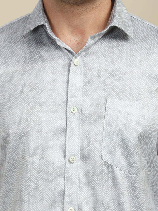 Men'S Poly Satin Lycra Grey Digital Printed Shirt