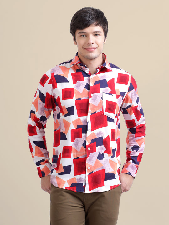 Men'S Premium Rayon Shirt With Red And Blue Print