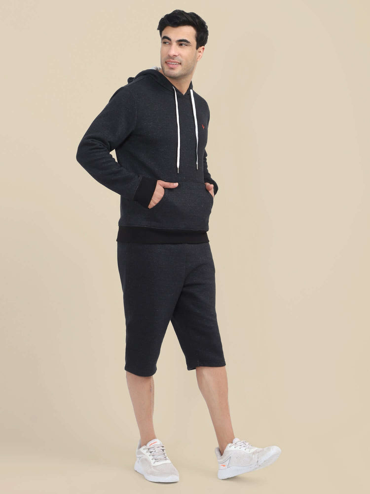 Men'S Black Hoodie With Shorts Cord Set