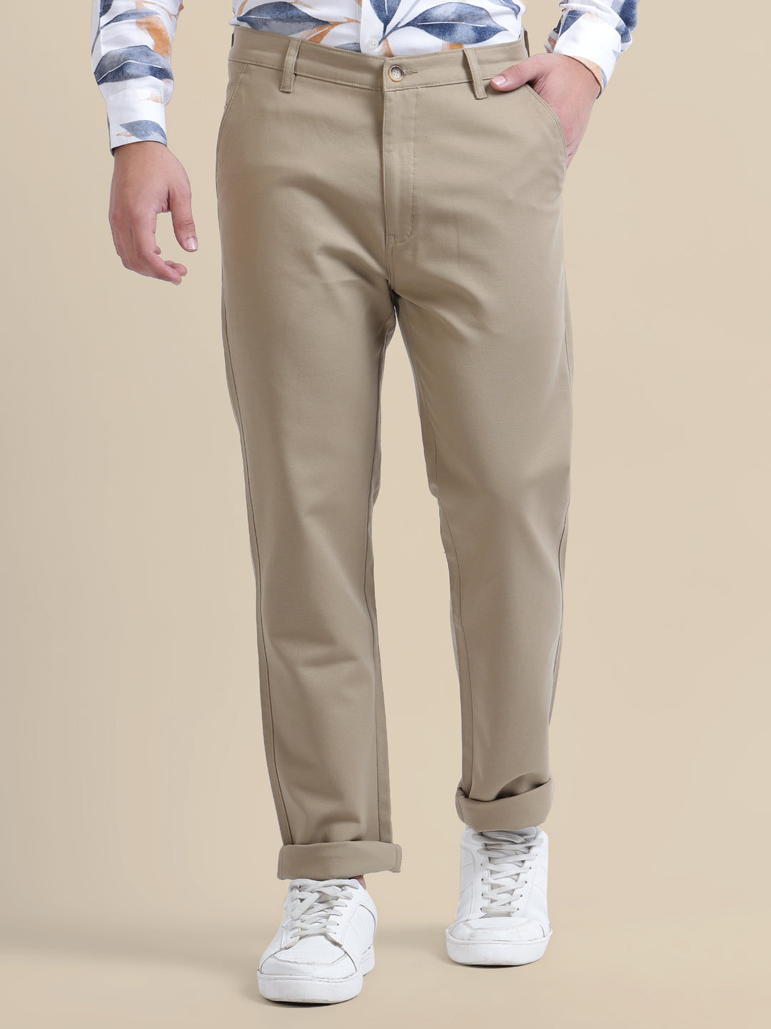 Khaki Casual Trousers Solid Cotton Lycra Smart Fit