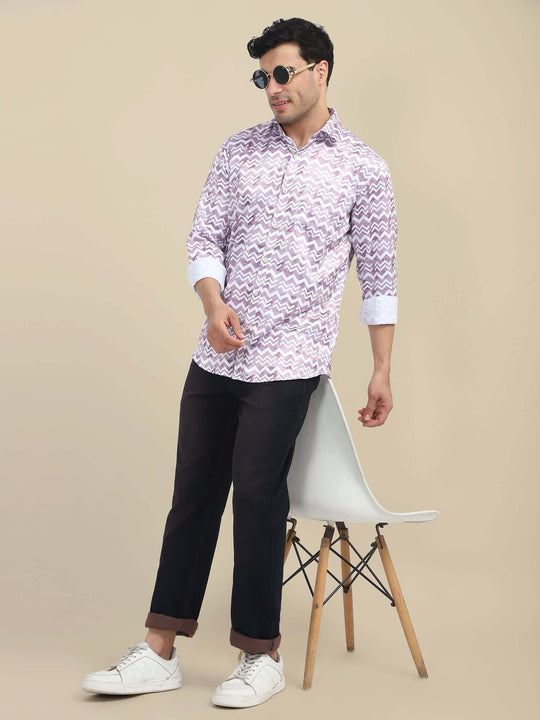 Men'S Poly Satin Lycra Mauve Digital Printed Shirt