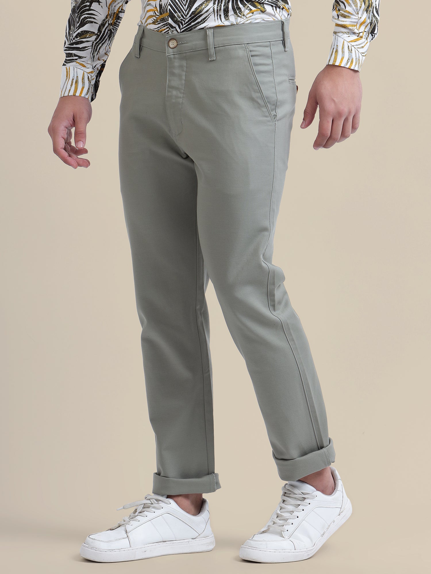 Grey Casual Trousers Solid Cotton Lycra Smart Fit